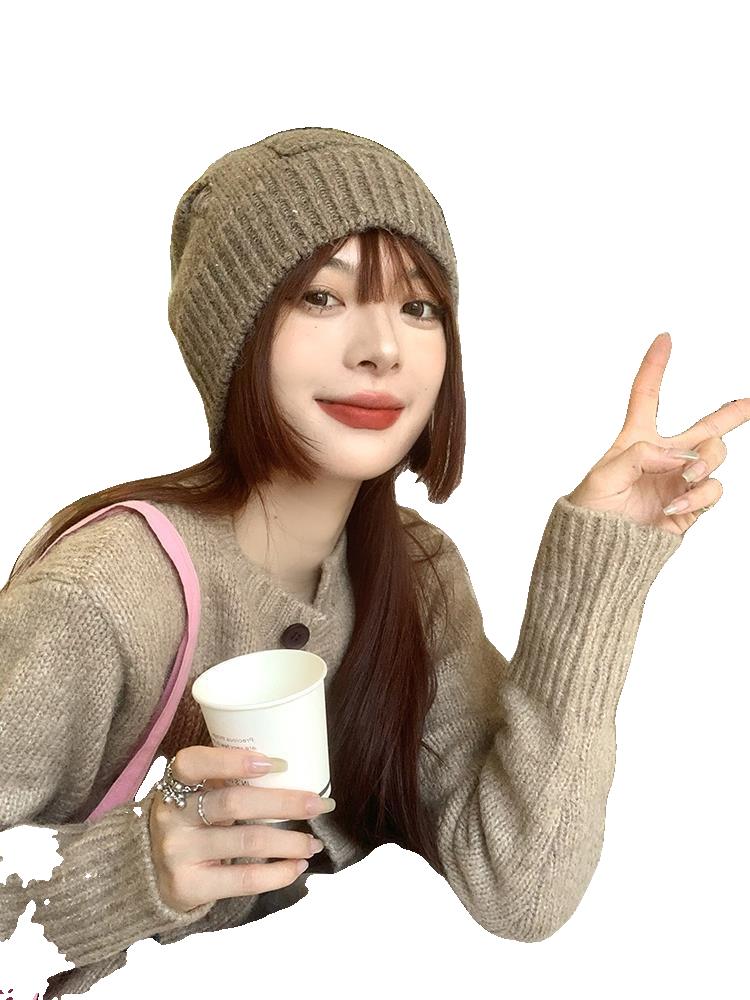 일본식 포켓 니트 모자 여성 가을 겨울 패션 만능 빅 헤드 둘레 울 모자 따뜻한 귀 보호 가방 헤드