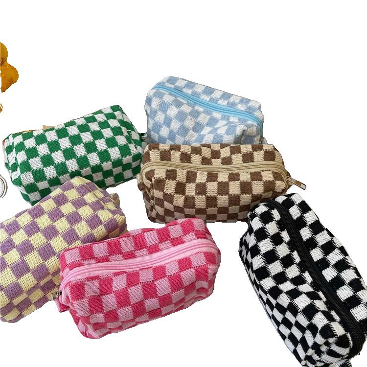 복조리화장품체크무늬휴대용 간단한 대비 색상 양모 격자 무늬 니트 화장품 가방 컬러 바둑판