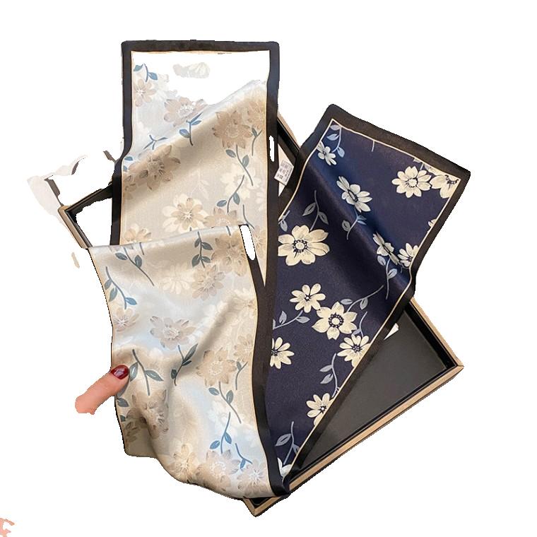 내셔널 스타일 작은 꽃 블랙 작은 긴 실크 스카프 좁은 100% 뽕나무 실크 레트로 일본 스카프 가방 리본