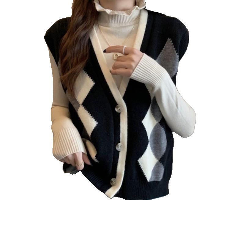 아가일 체크 브이넥 니트 베스트 여성 조끼 편한 여자 바둑무늬 격자무늬 체크무늬