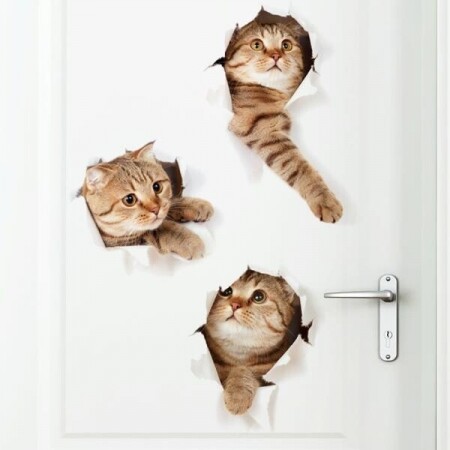 벽 뚫고 찢고 나온 고양이 벽 스티커 방수 거실 욕실