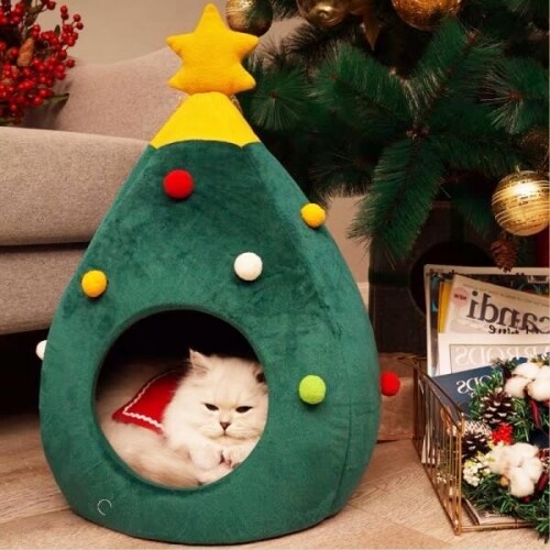 겨울 크리스마스 트리 고양이 따뜻한 밀폐형 하우스