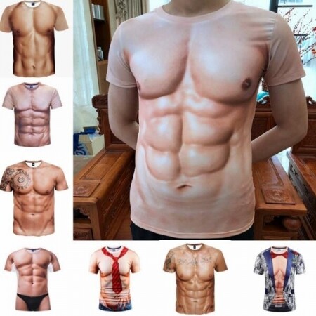 근육 갑빠 가짜 가슴 복근 프린팅 웃긴 몸짱 티셔츠 3D 입체