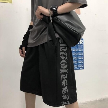 고스 레터 프린트 반바지 남성 여성용 블랙 팬츠 일본 패션 하라주쿠 바지