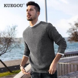 Kuegou 가을 겨울 남성 스웨터 패션 라운드 칼라