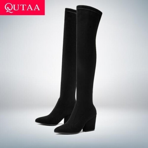 QUTAA-여성 무릎 높이 부츠, 웨지 힐, 겨울 신발