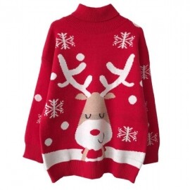 새 해에 붉은 사슴 산타 터틀넥 스웨터를 촬영하는 제어