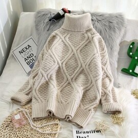 격자 무늬 터틀넥 니트 여성 스웨터, 솔리드, 두껍고