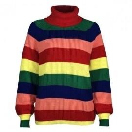 터틀넥 레인보우 스트라이프 여성용 슬리브 스웨터