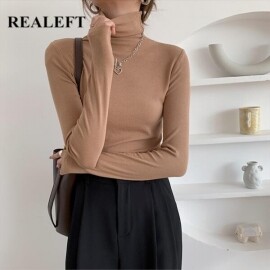 REALEFT-슬림 터틀넥 스웨터 여성용, 단색 보터밍
