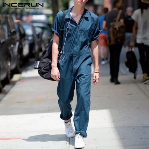 INCERUN-남성 솔리드 반소매 옷깃 셔츠 점프 슈트