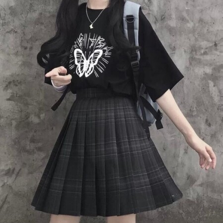 HOUZHOU-고딕 블랙 체크 무늬 치마 여성용, 카와