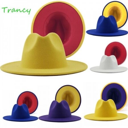 옐로우 레드 하단 페도라 와이드 브림 모자, 파나마 펠