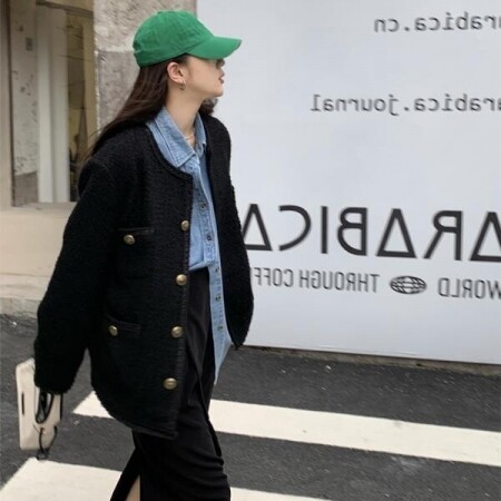 An Jiuyue 블랙 격자 무늬 작은 향수 재킷 여성 봄과 가을 한국어 느슨한 긴팔 트위