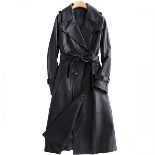 Lautaro-여성용 긴 블랙 가죽 트렌치 코트, 긴
