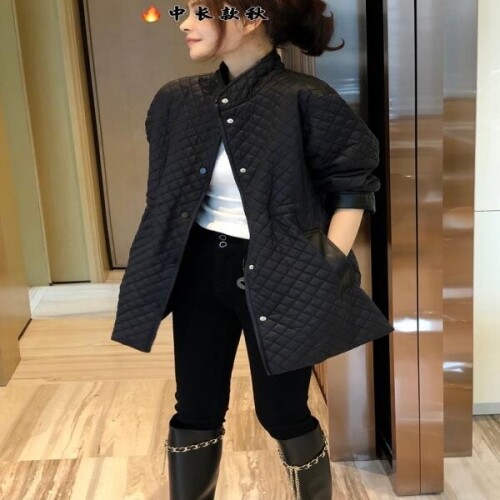 블랙 마름모 다운 패딩 재킷 여성용 가볍고 작은 허리 중간 길이 코트 겨울 착용 2021