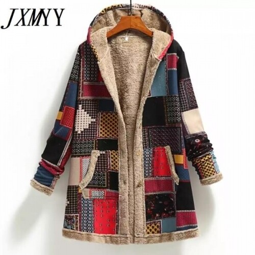 2021 겨울 빈티지 여성 코트 따뜻한 인쇄 두꺼운 양
