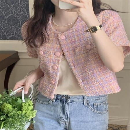 로맨스 핑크 여성 숏 코트 여름 반팔 트위드 자켓