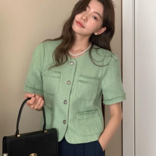 여름 여성 기질 반팔 트위드 숏 코트 가디건 자켓