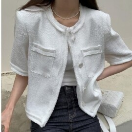 여성 여름 반팔 숏 코트 흰색 트위드 가디건 자켓