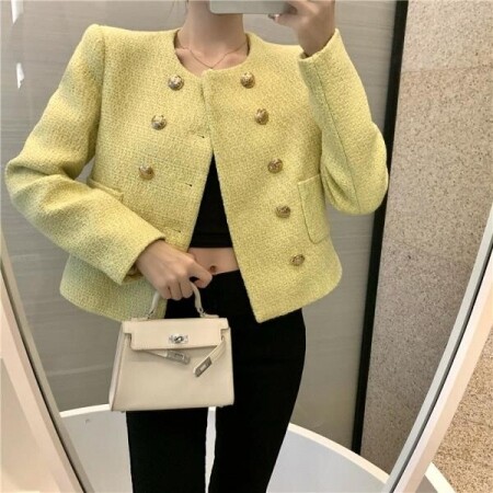 여성용 봄 가을 겨울 패션 캐주얼 옐로우 트위드 자켓