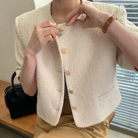 여성용 여름 반팔 숏 코트 트위드 가디건 자켓
