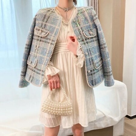 봄 가을 여성용 트위드 숏 코트 가디건 자켓