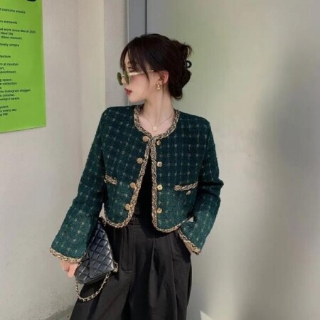 여성용 빈티지 그린 격자 무늬 트위드 크롭 재킷