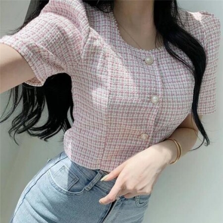 봄 여름 반팔 핑크 스퀘어 넥 코트 진주 트위드 자켓