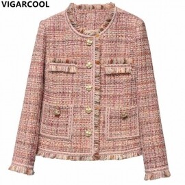 봄 숏 코트 여성 핑크 트위드 가디건 자켓