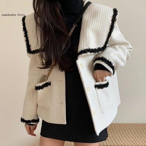 봄 숏 코트 여성 흰색 검정 칼라 트위드 자켓