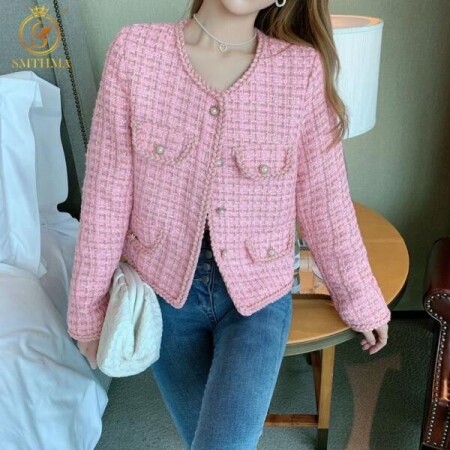 여성 세련된 핑크 봄 셋업 크롭 트위드 재킷