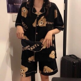 일본 카와이 피자 곰 프린트 여성 잠옷 세트