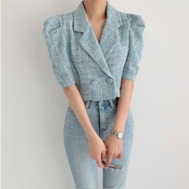 세련된 한국 복고풍 여름 반팔 라펠 트위드 재킷, 스트