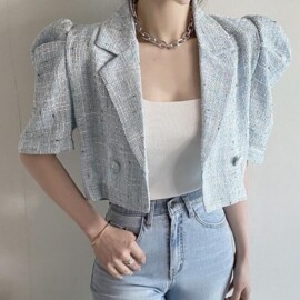 한국 우아한 패션 짧은 트위드 자켓, 여성 여름 퍼프