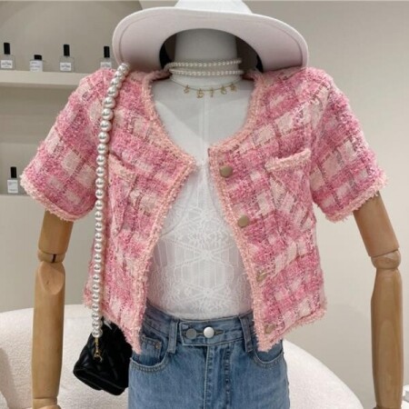 얇은 격자 무늬 트위드 자켓 여성 여름 o-넥 반팔 모