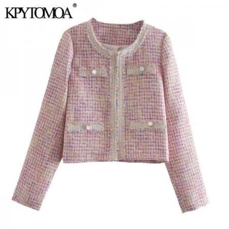 KPYTOMOA 여성 패션 패치 워크 체크 트위드 자켓