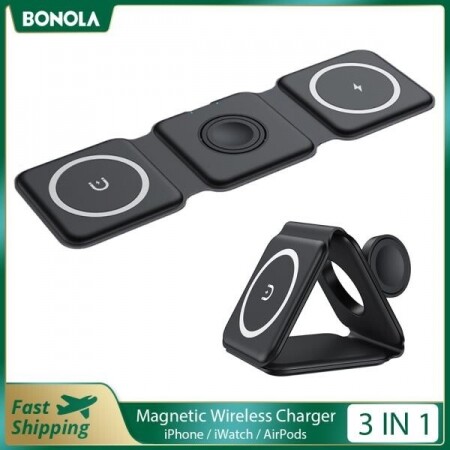 Bonola 3-in-1 접이식 휴대용 자기 무선 충전기 아이폰,애플워치,에어팟
