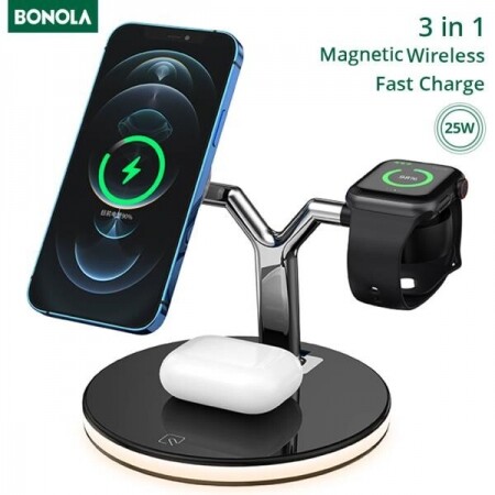 Bonola 15W 3-in-1 아이폰, iWatch, 에어팟 프로 마그네틱 급속 충전 스테이션 도크 스탠드 터치 라이트