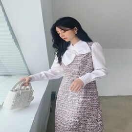 소소한  가벼운 친숙한 스타일 트위드 가짜 투피스 스커트 2022 봄 얇은 드레스