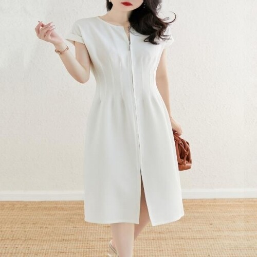 소소한 2022 여름 흰색 지퍼 복고풍 반팔 드레스