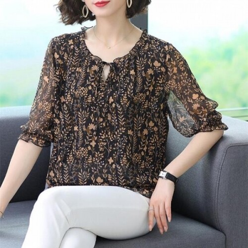 소소한 2022 신작 꽃무늬 반팔 쉬폰 여성 티셔츠 서양식 셔츠