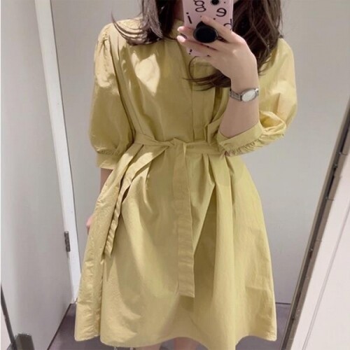 소소한 2022 새로운 프랑스 스타일 노란색 셔츠 드레스 얇은 여름 하이 센스