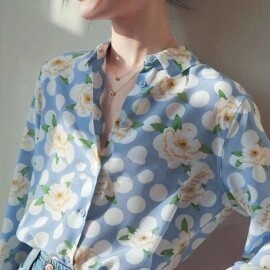 소소한 2022 여름 레트로 로맨틱 폴카 도트 인쇄 실크 꽃 셔츠