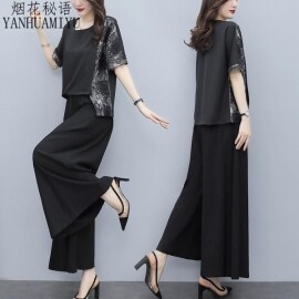 소소한 여성 새로운 블랙 패션 슬리밍 와이드 투피스