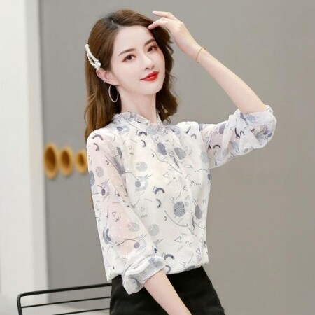 소소한 여성 꽃 쉬폰 2022 봄 스탠드 칼라 패션 셔츠