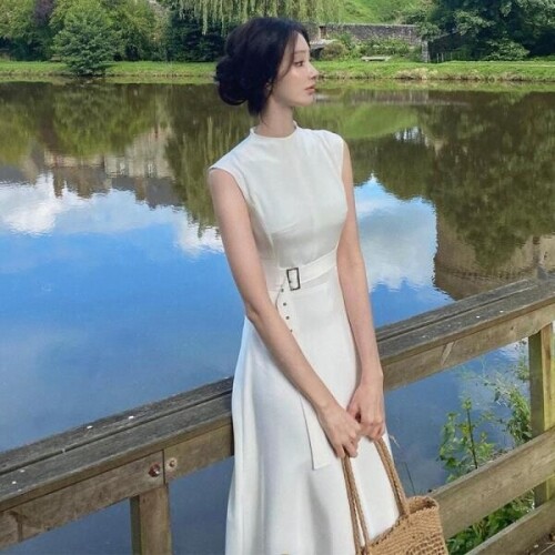 소소한 하이 엔드 프랑스 스타일 허리 얇은 흰색 드레스