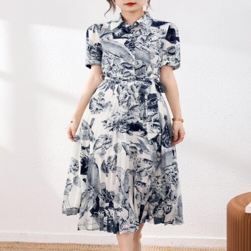 소소한 프렌치 드레스 2022 새로운 여름 넥타이 허리 슬리밍 잉크 페인팅 인쇄 반팔 스커트