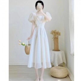 소소한 프랑스 햅번 스타일 하이 엔드 기질 퍼프 슬리브 드레스 여름