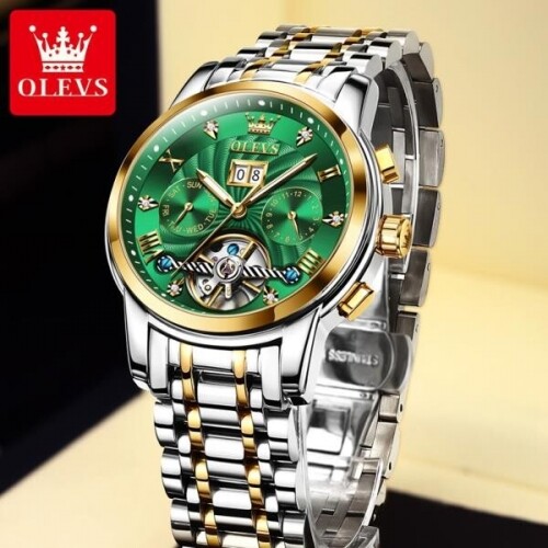 OLEVS-남성용 자동기계식 뚜르비옹 스테인레스 스틸 방수 야광 날짜 손목시계 남성
